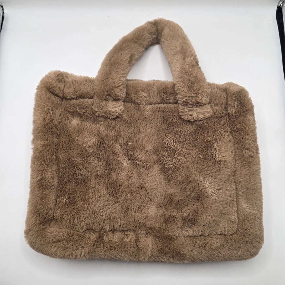 Mixit Faux Fur Tote Bag Taupe Brown Plush Teddy Winter Shoulder Handbag Fluffy